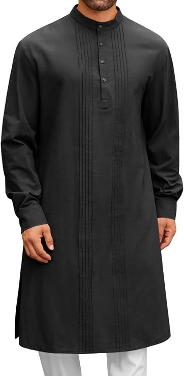 Runcati Mens Kaftan Robe Button Down Long Sleeve Cotton Linen kurta | Banded Collar,Vertical Pleated Design,Long Sleeve,Solid Color,Side Split,Casual Muslim Gown Henley Shirt