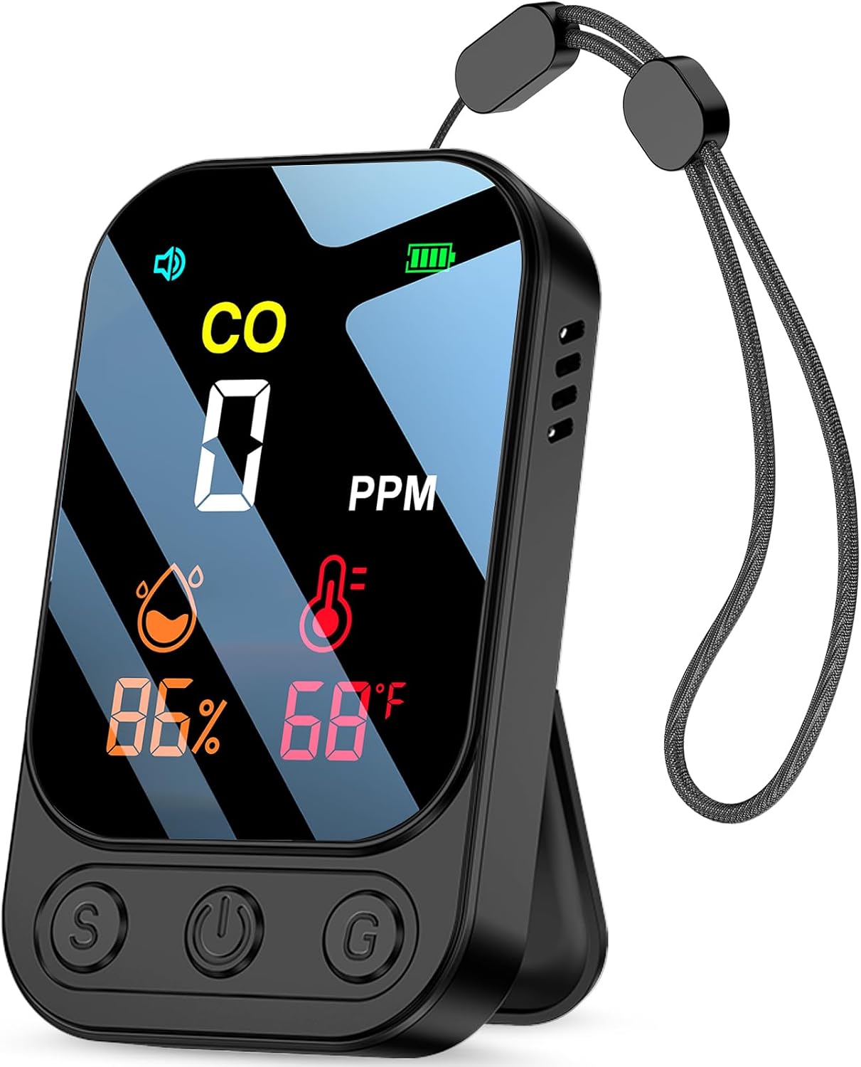 YOJOCK Portable 3-in-1 Carbon Monoxide Detector, Rechargeable CO Detector with Temperature & Humidity, 168+ Hours Standby, Loud Audible & Visual Alarm for Home, Travel, RV & Camping (black)