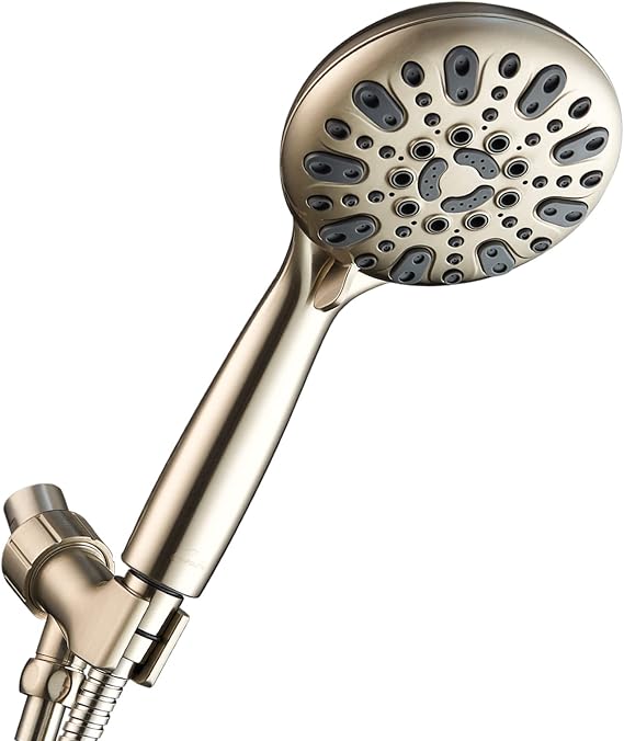 Handheld Shower Head, 6 Spray Setting High Pressure Shower Head with Brass Swivel Ball Bracket and Extra Long Stainless Steel Hose, Brushed Nickel, 5", 1.8 GPM for California
