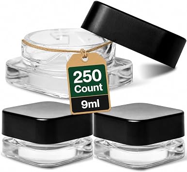 250 Pack Packlahoma 9ml Glass Cube Jars with Black Lids, Refillable Cosmetic Containers