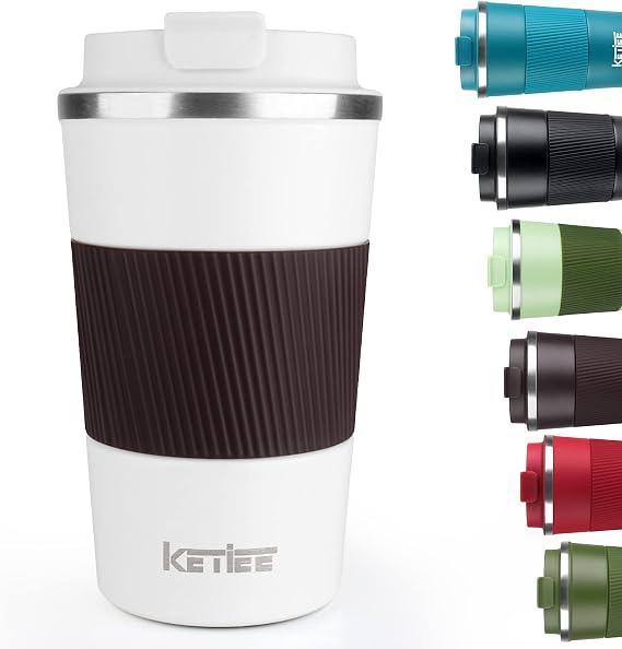 KETIEE Travel Coffee Mug 12oz: Reusable Coffee Cup with Leakproof Lid | Travel Tumbler, Vacuum Insulated Stainless Steel Coffee Mug to Go for Hot/Iced Coffee Tea Water (White)