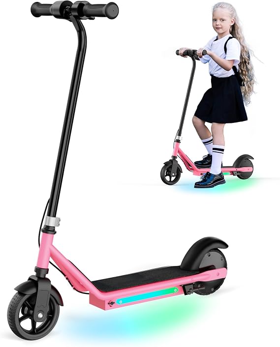 Kids Electric Scooter, 10MPH Max Speed,LED Display, Double Brake, Magnetic Charging, Pedal Light, 150W Motor, Electric Scooter for Kids Aged 6-12 (10MPH Max Speed, Pink)