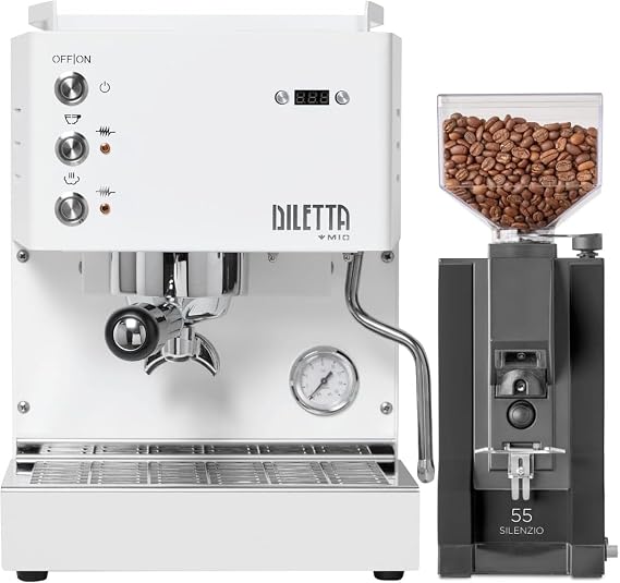 Diletta Mio Espresso Machine (White) Bundle w/Eureka Silenzio 55 Espresso Grinder (Black)