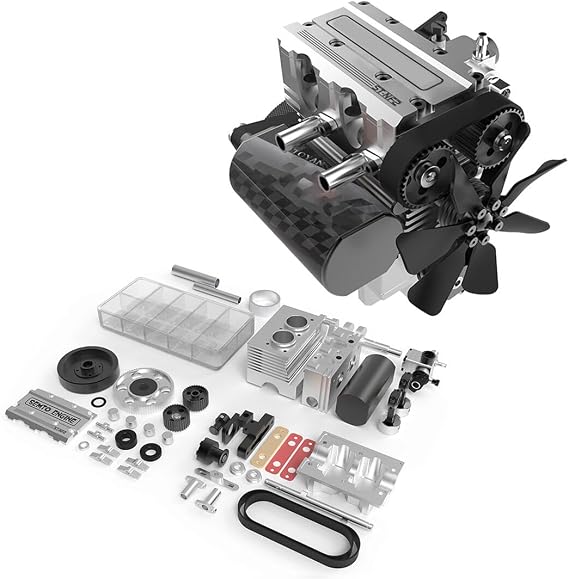 Engine Model Kit Adult ST-NF2 7cc Engine Kit L2 Mini Engine Assembly Kit Inline 2 Cylinder 4 Stroke Metal Engine Model Kit Air Cooled Engine Motor Model Physical Gift Silver