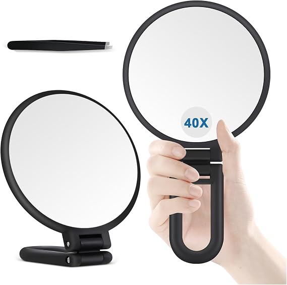 MIYADIVA 40X Magnifying Mirror, Hand Mirror for Makeup, Double Sided with 40X/1X Magnification, Travel Essential, Portable Foldable for Desktop and Bathroom, Gift for Women, Frosted Black