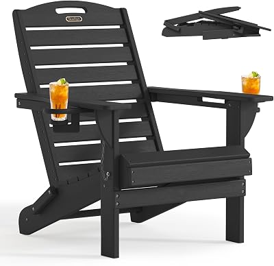 Folding Adirondack Chair HDPE All-Weather Adirondack Chairs with Cup Holder, Outdoor Fire Pit Chairs Lawn Chair for Deck Patio Garden Black