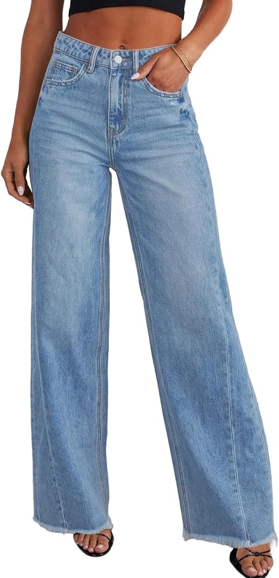 Wide Leg Jeans Woman Trendy Stretchy High Waisted Denim Pants Raw Hem Baggy Straight Leg Boyfriend Jeans