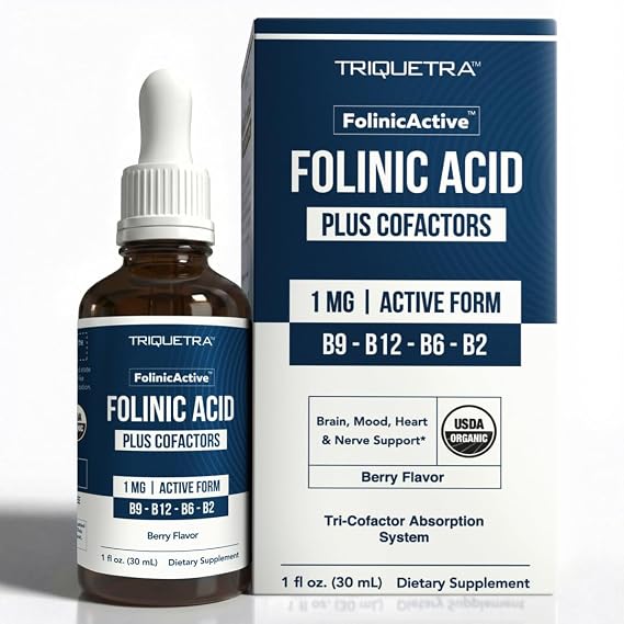 FolinicActiveTM Organic Folinic Acid Liquid Drops for Brain, Heart, Nerve & Mood Support - 1700 mcg with B12, B6 & Riboflavin B2 - Tri-Cofactor Absorption System -Berry Flavor Drops, 1fl oz-60 Servings