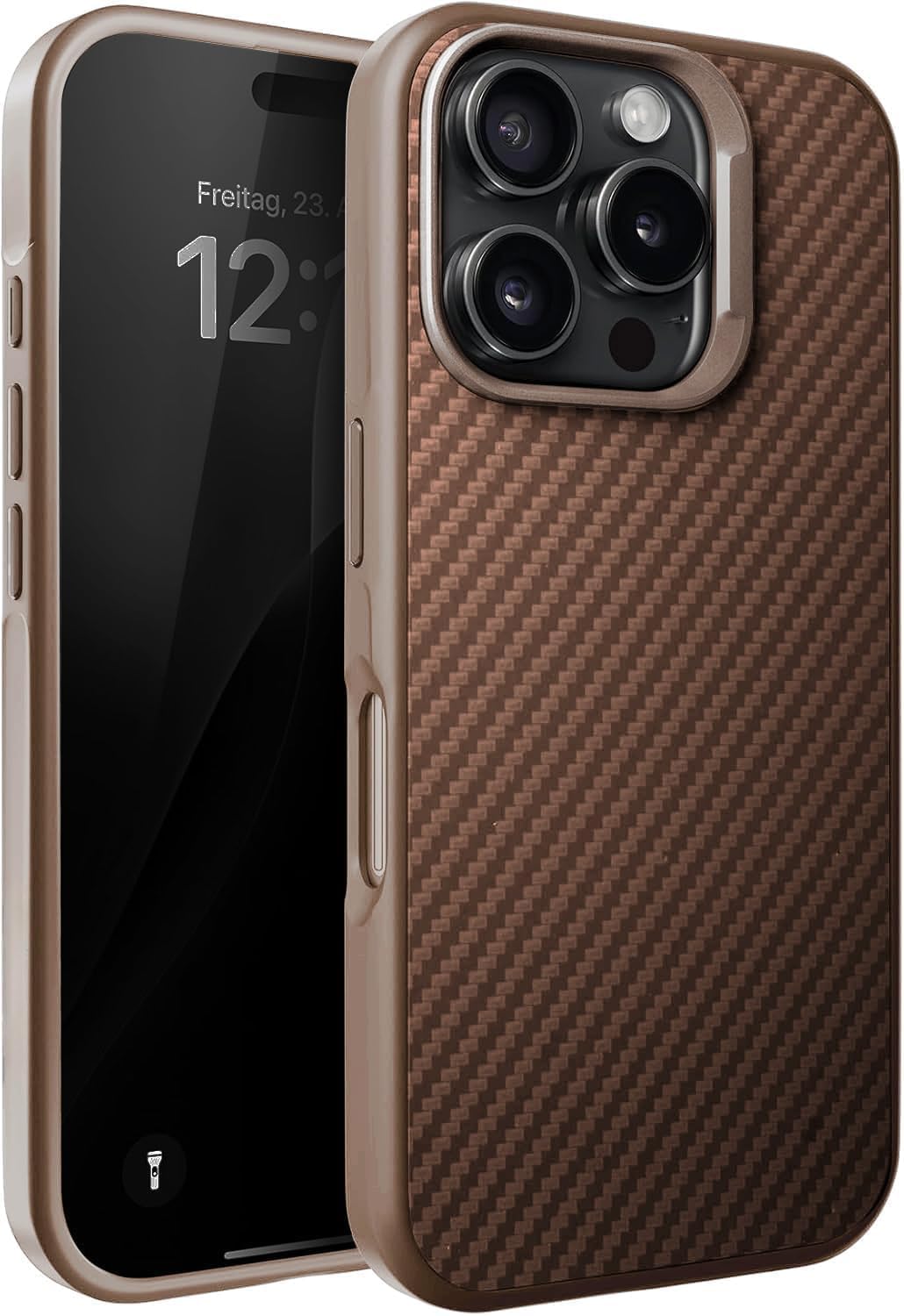 Fiber Carbon Material Back Section for Minesk iPhone 16 Pro Max Strong Shock Absorbing Premium Silicone Case with Metal Lens Frame and Metal Keys, Non-Yellowing and Scratchable Desert Titanium, 16 Pro Max