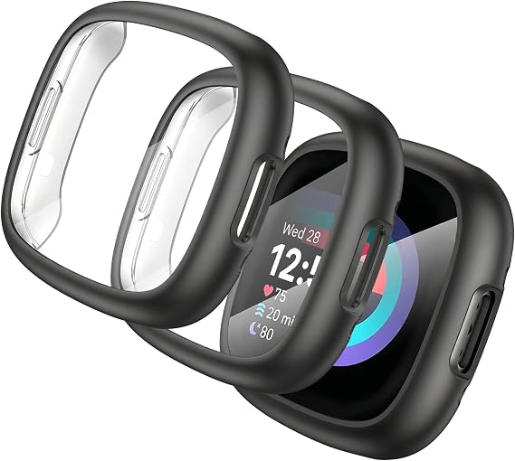 2 Pack TPU Case for Fitbit Sense 2/Versa 4 Screen Protector (Black/Black)