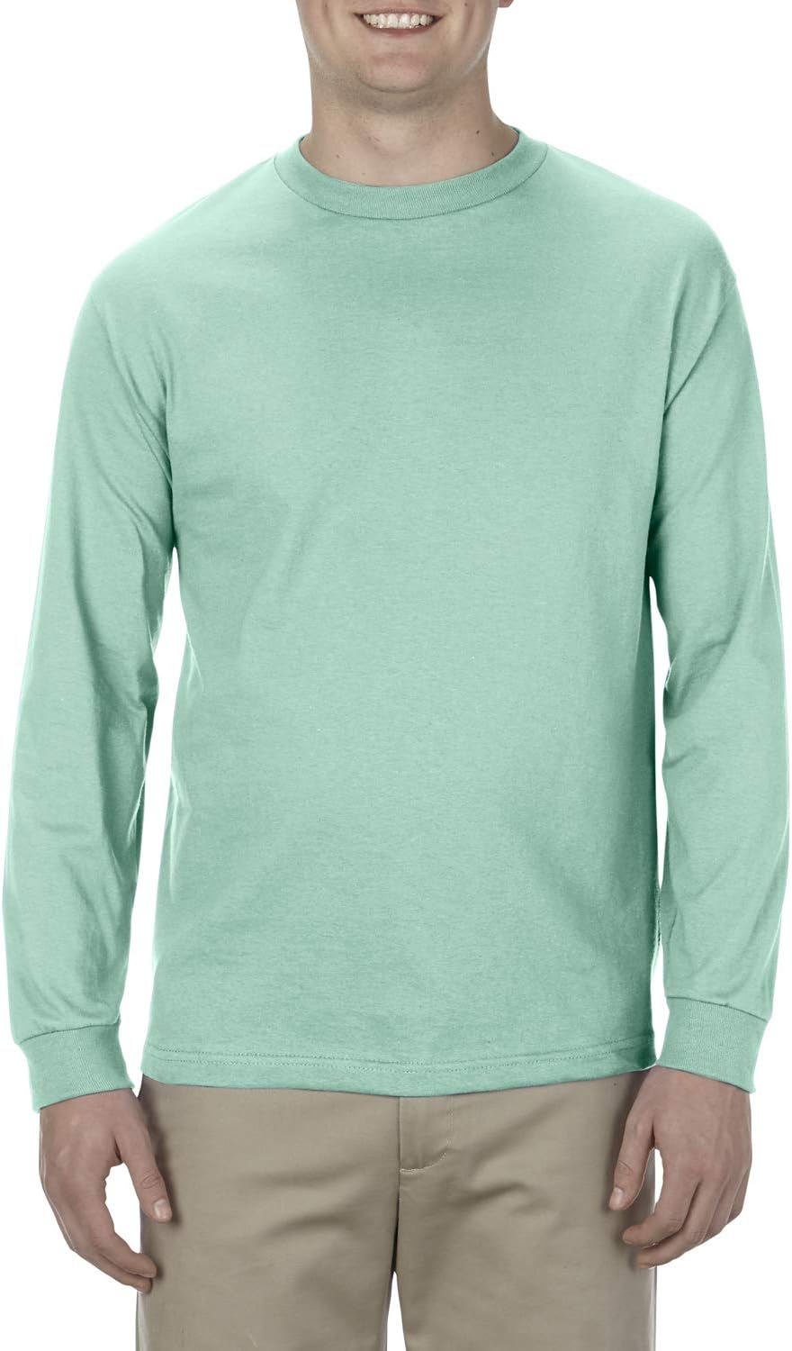 Marky G Apparel Mens 100% Cotton Long-Sleeve Crewneck T-Shirt, Celadon, Medium