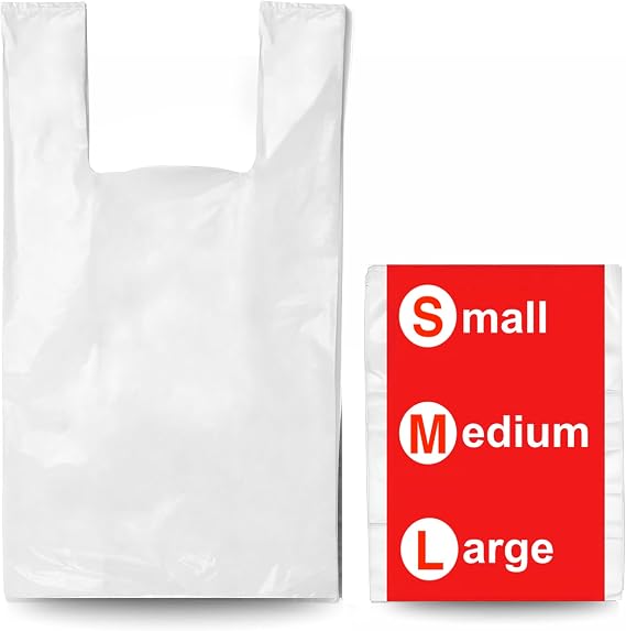 100 White Plastic Carrier Bags – Vest-Style Plastic Bags with Handles for Groceries, Boutique Markets & Takeaways 10 x 15 x 18 Inch (Small)