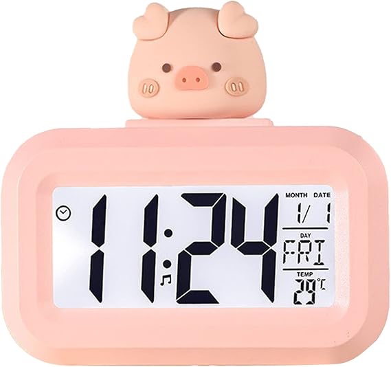TITA-DONG Kawaii Alarm Clock, Cartoon Digital Clock Cute Cartoon LED Screen Desktop Electronic Alarm Data Time Calendar Temperature Clock Piggy Shape Desktop Clock for Kids Children(Pink Piggy)