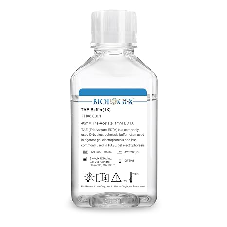TAE Buffer 1X, Tris Acetate-EDTA Buffer, Ready-to-Use DNA Electrophoresis Running Buffer, pH 8.00.1, Agarose Gel Buffer for Molecular Biology Research, 500mL