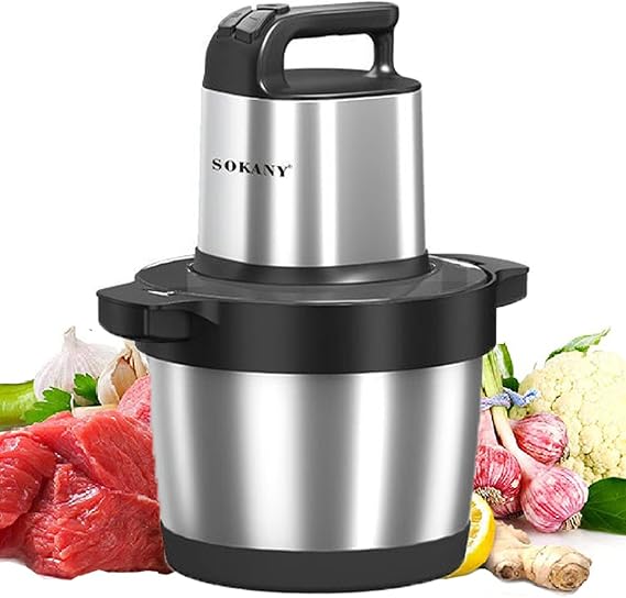 SOKANY 1500W Electric Chopper with 6.5L Stainless Steel Bowl, Multi-Purpose Chopper with 3 Speeds, 4-Blade Meat Grinder for Meat, Onion, Fruit, Vegetables (SK-7033, 1500W, 6.5L)