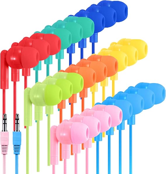Kids Earbuds Bulk 10 Packs for Classroom School, Wired Earphones with 3.5 mm Jack Multi Colored Individually Bagged Perfect for Students Children Boys Girls Toddler Adult