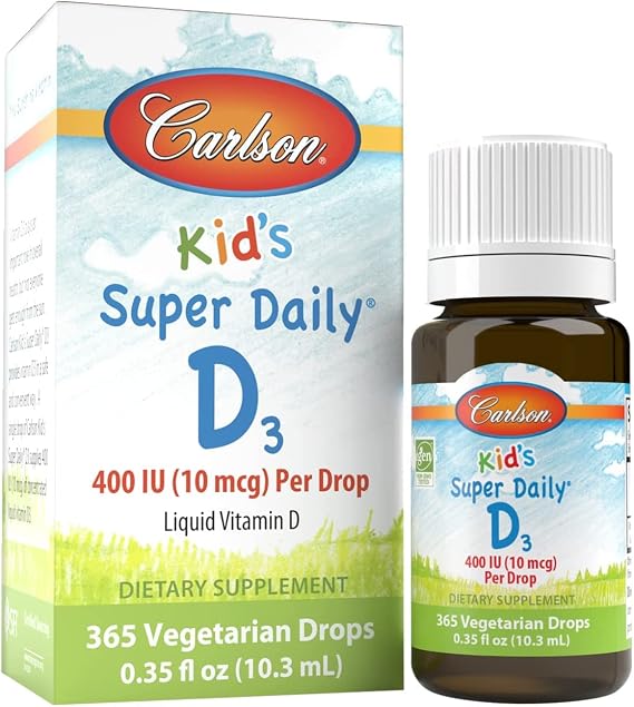 Carlson - Kid's Super Daily D3, Vitamin D Drops for Kids, 400 IU per drop, 1-Year Supply, Heart & Immune Health, Vegetarian, Liquid Vitamin D Drops, Unflavored, 365 drops