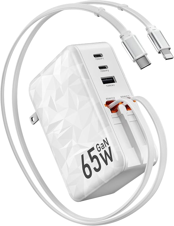 65w Retractable Wall Charger,5-in-1 Fast Charging Block with Dual Cables