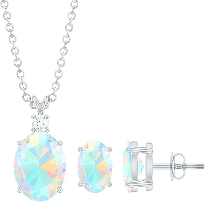Real 3 Carat Ethiopian Opal Diamond Necklace Earring Set, Aaa Quality