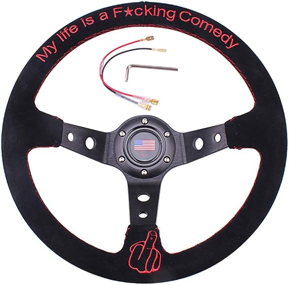 RASTP Universal Racing Steering Wheel 13.6/345mm 6 Bolts Grip Suede Wrapped with Horn Button for Car Boat Truck Yacht