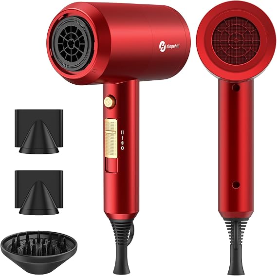 Slopehill Professional Ionic Hair Dryer, Powerful 1800W Fast Drying Low Noise Blow Dryer with 2 Concentrator Nozzle 1 Diffuser Attachments for Home Salon Travel (Agate Red)