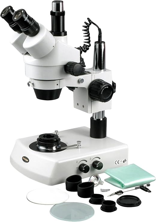 AmScope SM-2TY-DK Professional Trinocular Stereo Zoom Microscope, WH10x Eyepieces, 7X-90X Magnification, 0.7X-4.5X Zoom Objective, Upper and Lower Halogen Lighting, Pillar Stand, 110V-120V, Includes Darkfield Condenser and 2.0X Barlow Lens