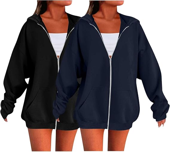 Womens 2 Pack Matching Solid Oversized Zip Up Hoodies Hooded Sweatshirt Set | Women's 2 Pack Matching Solid Oversized Zip Up Hoodies,Casual Loose Hooded Sweatshirt Set for Daily Matching Outfit