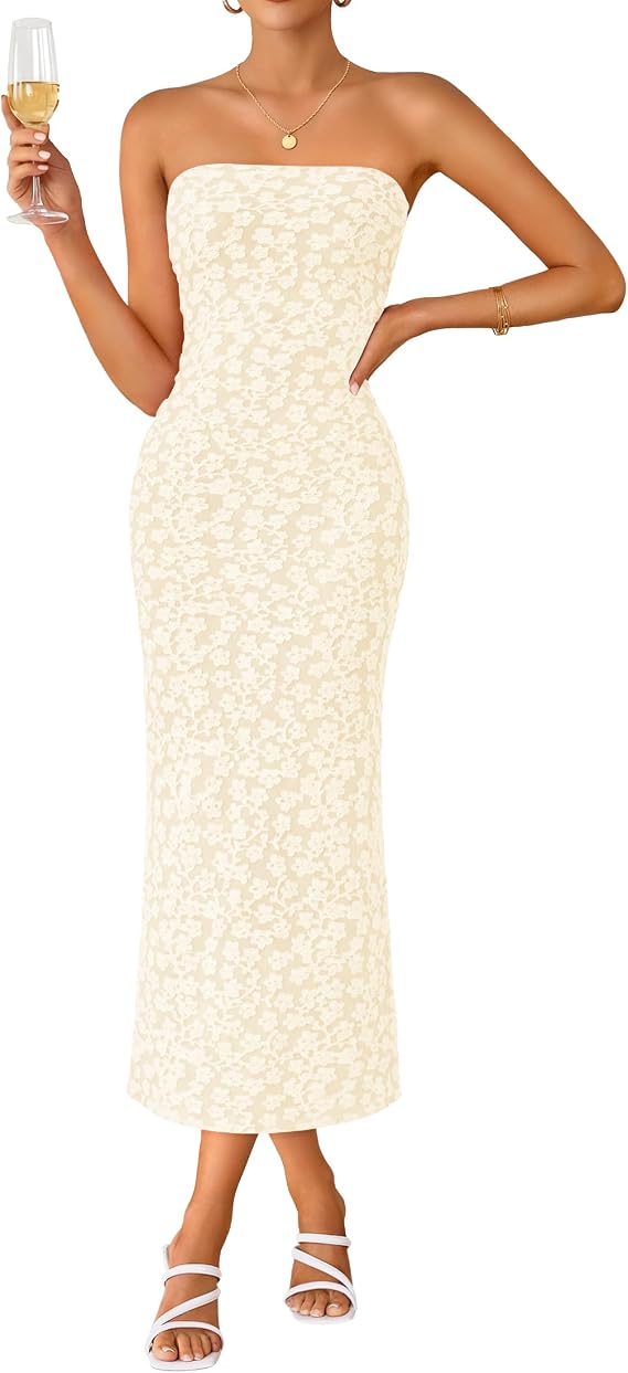 ZESICA Women's Floral Strapless Bodycon Weeding Guest Dress