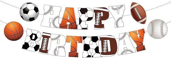 Happy Birthday Banner, Birthday Decorations for Boys, Girls and Adults | with Basketball Baseball Rugby Football, Lovely Happy Birthday Party Decorations
