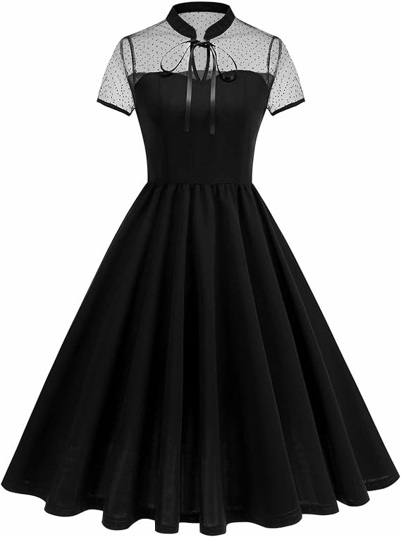 Women's 1950s Retro Vintage Dress Spliced Mesh Short Sleeve Round Neck Swing Dress A-line Midi Cocktail Party Dresses