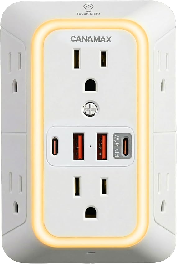 Multi Plug Wall Outlet Extender - 6 Outlet 4 USB Ports (20W Fast Charging)