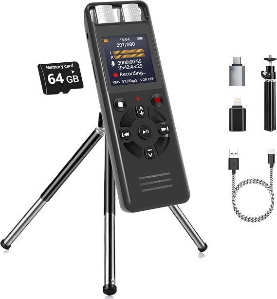 Digital Voice Activated Recorder for Lectures&Meetings,Phone Connected via OTG,Audio Recorder with Tripod Stand,Recording Device with Playback,MP3 Player,Password,Variable Speed (64, GB)