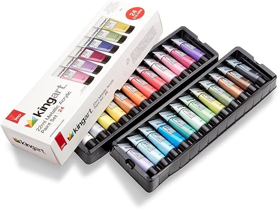 KINGART Metallic Acrylic Paint, Set of 24 Colors, 0.74 oz/22 ml Tubes with Storage Box, Rich Pigments, Non Fading, Non Toxic Paints for Artist & Hobby Painters, Art Supplies for Canvas Painting