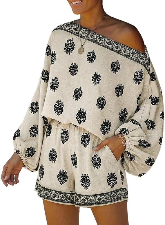 CHICME Womens Linen 2 Piece Shorts Set Off Shoulder Vacation Outfit