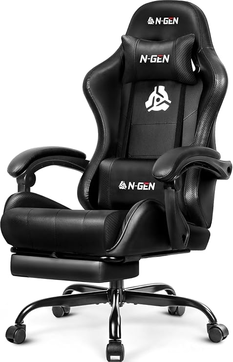 N-GEN GAMING Gaming Chair with Footrest, Lumbar Support, High-Back, Black | Reclining Backrest, Linkage Armrests, Durable PU Leather, Adjustable Comfort for Extended Computer, Desk, or Home Office Use