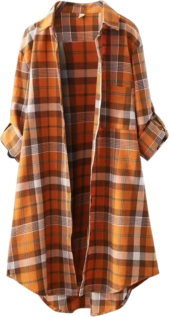 Fall Cardigan for Women Fall Fashion 2025 Plus Size Open Front Roll Up Sleeve Button Down Plaid Tops Casual Comfy Shirts