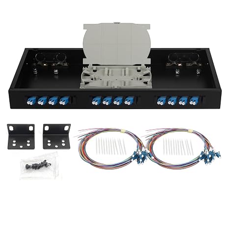 LC-SM 12 Duplex 24 Port Rack Mount Enclosure Box with Splice Trays Singlemode LC-UPC Kit (Include Pigtail and Couplers) Fits for 19" Racks Cabinet