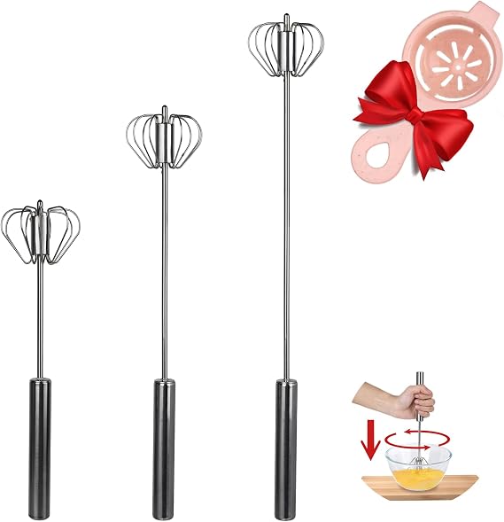 3Pcs Semi Automatic Whisk, Rotary Hand Push Whisk, Stainless Steel Egg Beater, Versatile Egg Mixer with Yolk Separator for Cream Making Milk Frothering Smoothies Whipping, 10 & 12 &14 Inches Set