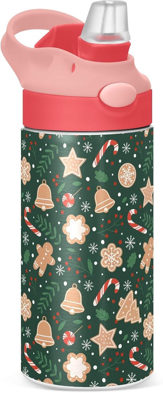 Christmas Gingerbread Snowflakes Kids Insulated Water Bottle, Toddlers Tumbler Travel Cup with Straw & Handle Stainless Steel Cup for Travel School Girls 12 oz