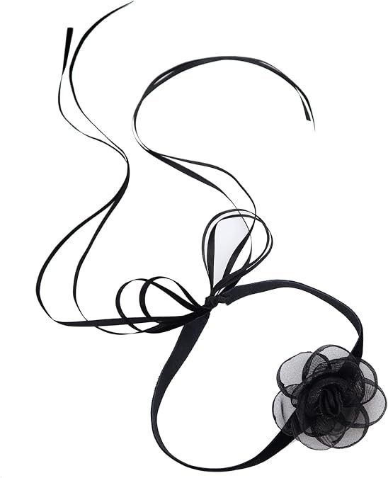Black Choker Camellia Flower Lace-up Necklace For Women