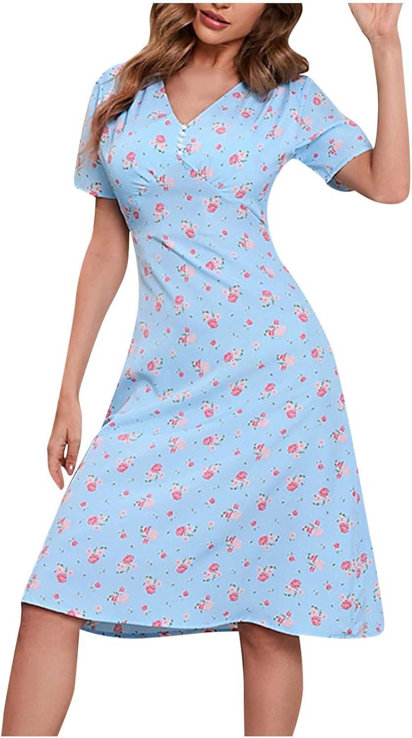 Women's Dresses Short Sleeve Deep V-Neck Bohemian FloralSolid Midi Length Dress Sexy Wedding Dresses