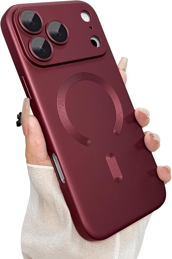 ankofave マグネット式 iPhone 17 Pro Max用 ケース カメラレンズプロテクター付き 磁気対応 スリム 耐衝撃 バンパー ソフトシリコン メタリック ラスター スマホケース iPhone 17 Pro Max用 ワインレッド