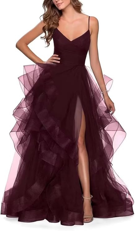 Tiered Tulle Prom Dresses 2026 Long Sparkly Tulle Ball Gowns A Line Women V-Neck Formal Evening Party Gown with Slit