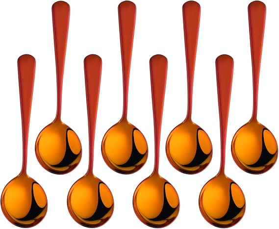 TEHAHA Stainless Steel Soup Spoons Set,8-Pieces Bouillon Cereal Spoons,Round Broth Spoon 6.2 Inch,Orange Red