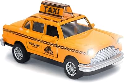 Diecast Yellow NYC Classic Checkered Taxi Cab 4.5 Pullback Toy Car with Flashing Lights and Sounds