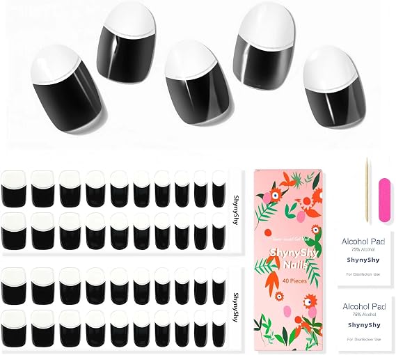 Semi Cured Gel Nail Strips - Works with Any Nail Lamps, Salon-Quality, Long Lasting, Easy to Apply & Remove - Includes 2 Prep Pads, Nail File & Wooden Stick - French White&Black