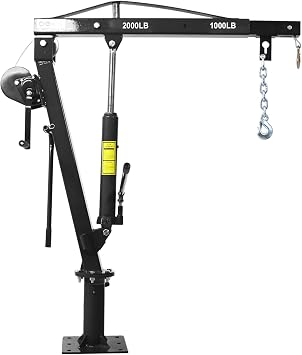 Truck Crane Truck Bed Hoist with Hand Winch Pickup Jib Crane 2000 lbs Capacity Hydraulic Extendable Boom 360 Pivot Black