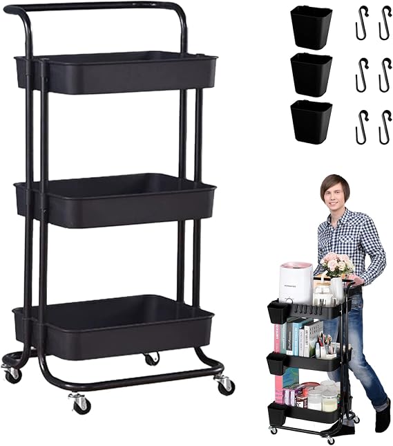 3 Tier Trolley Rolling Utility Storage Car with Wheels&Hanging Cups&Hooks