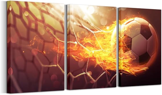 RnnJoile 3 Piece Football Wall Art Soccer Ball Fire Goal Canvas Picture Sport Theme Painting Prints for Boys Bedroom Office Football Club Wall Decor Framed 16"x24" (Medium)