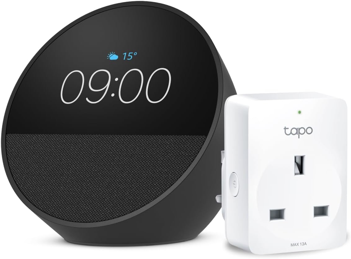 Echo Spot | Black + TP-Link Tapo P110M Smart Plug with Energy Monitoring, Works with Alexa - Smart Home Starter Kit, with Alexa+ Early Access
